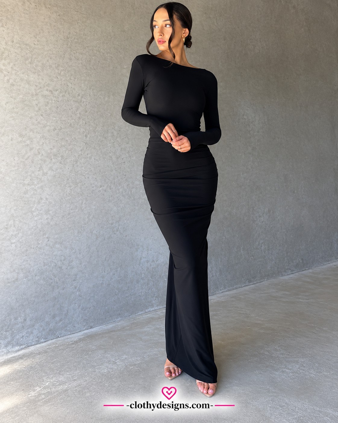 Women’s Ruched Deep V-Neck Maxi Dress – Elegant Long Sleeve Knit Party Gown